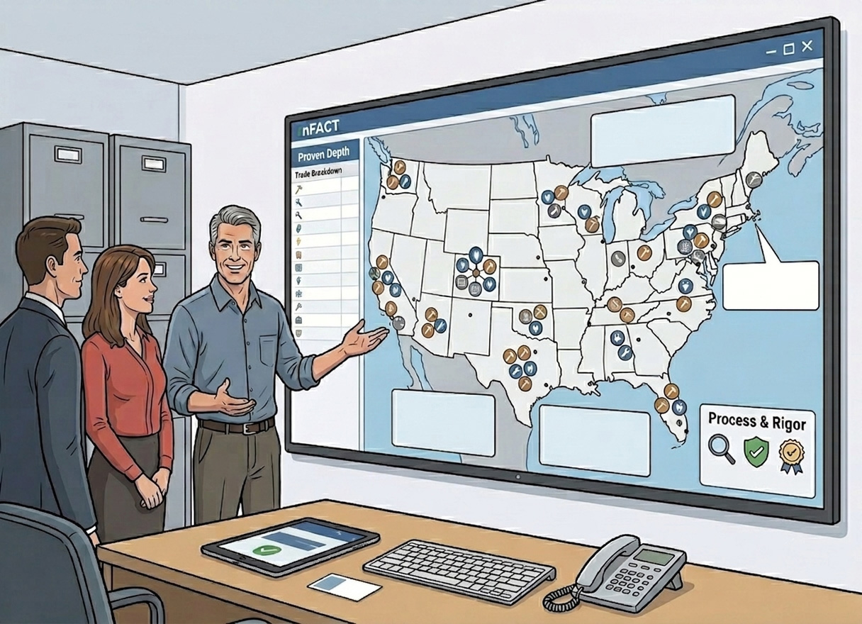 nFACT map view showing subcontractor locations and coverage across markets