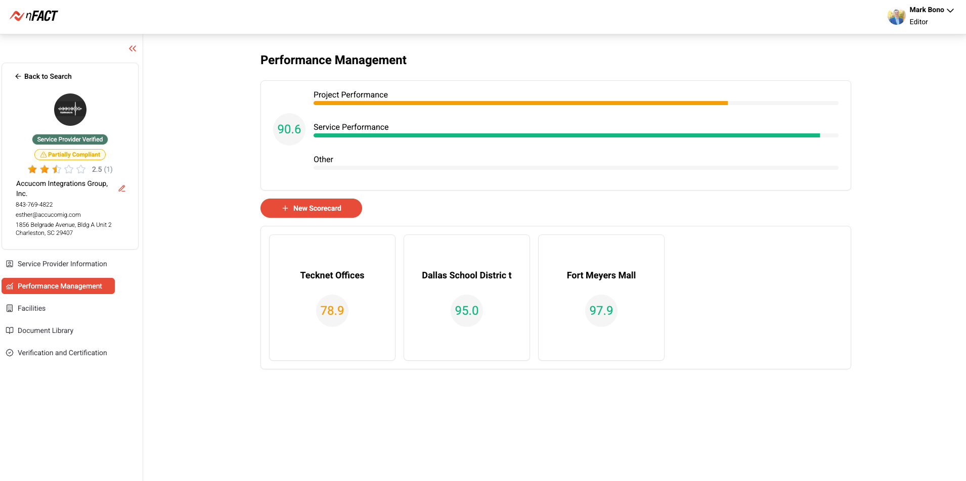 nFACT performance scorecard view for scoring and rating service providers