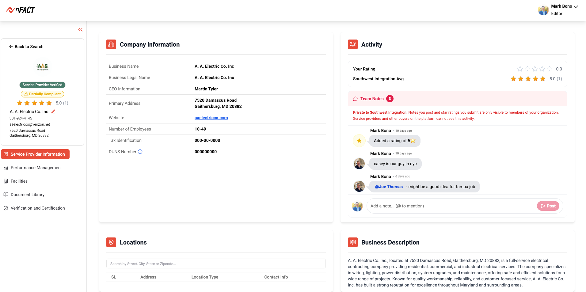 nFACT service provider profile view showing company information and rating